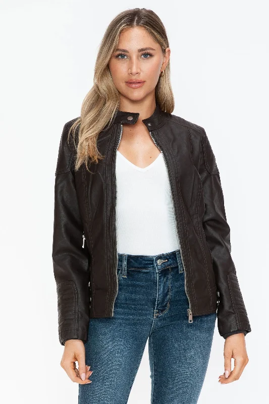 Snobbish Faux Leather Biker Jacket with Side Zip Pockets Stand-Up Collar Roll-Neck Collar Turtle Neck