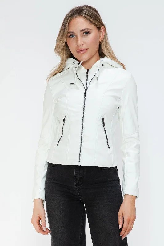 Snobbish Faux Leather Zip Up Drawstring Hooded Jacket In White Boat Neck Shawl Collar Notched Collar