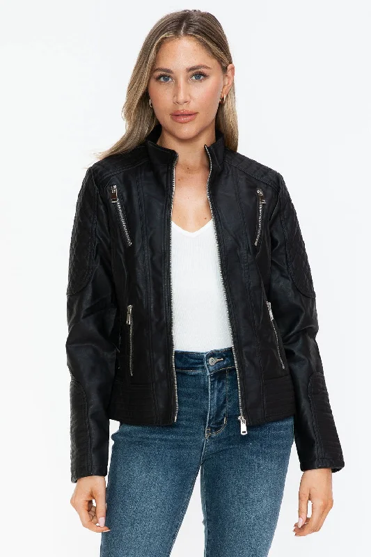 Snobbish Faux Leather Zip Up Mock Neck Jacket In Black Toggled Jacket Drawstring Jacket Belted Jacket