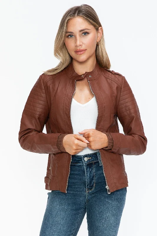 Snobbish PU Leather Biker Jacket with Side Zip Pockets In Brandy Fitted Jacket Loose Jacket Oversized Jacket