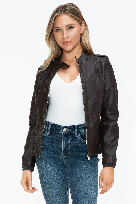 Snobbish PU Leather Biker Jacket with Side Zip Pockets In Chocolate Fleece Fabric Down Fabric Feather Fabric