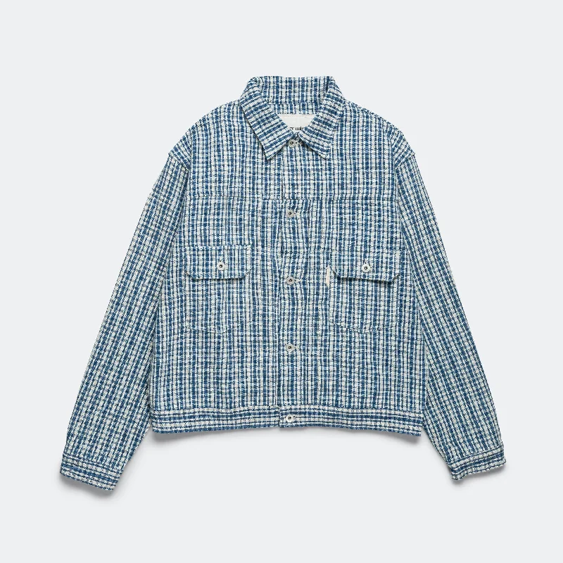 Tuesday Jacket - Indigo Check Handloom Belted Jacket Elasticated Jacket Padded Jacket