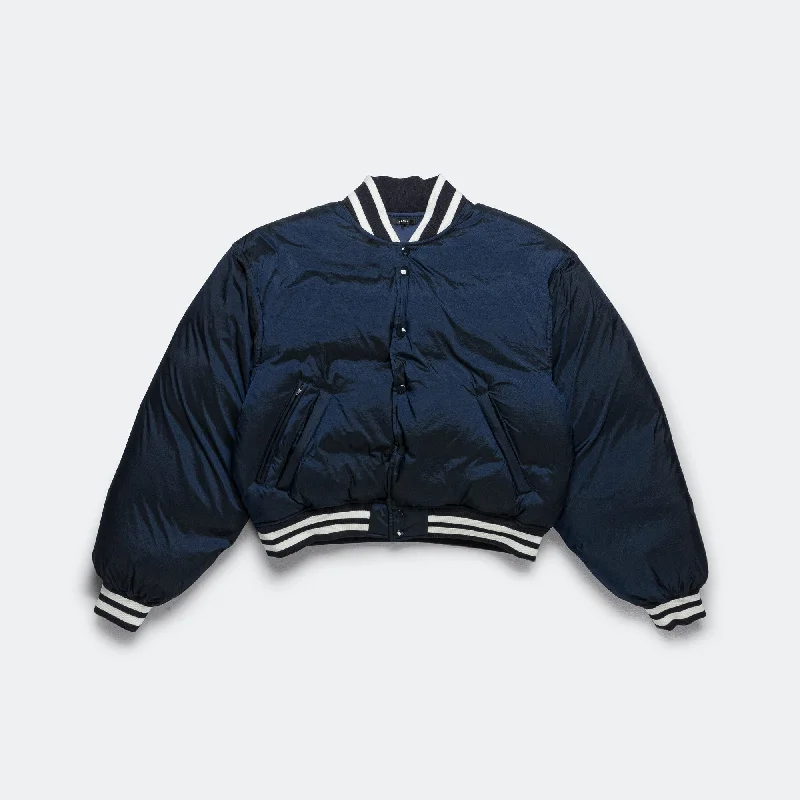 Varsity Down Jacket - Navy Denim Fabric Leather Fabric Suede Fabric