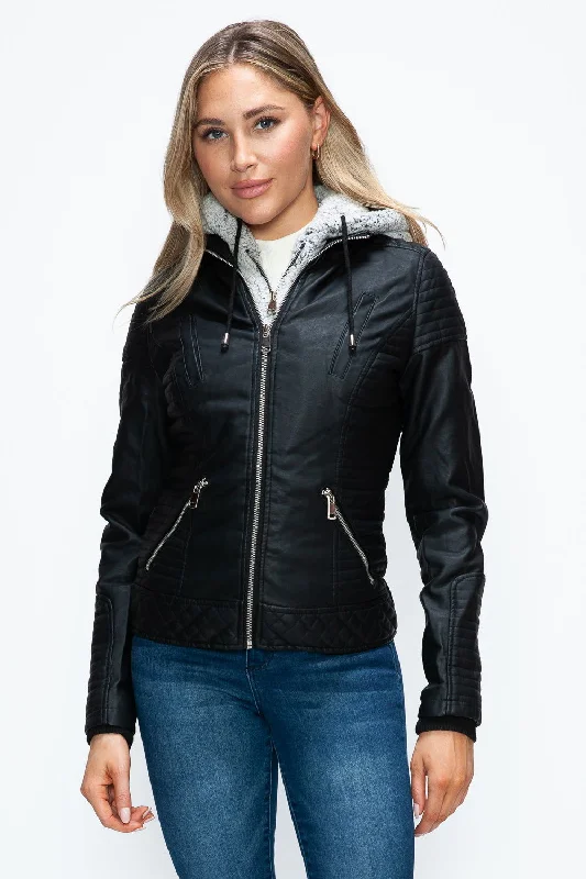 YMI Faux Layered Double-Zipper Jacket with Fuzzy Hood In Black Satin Jacket Silk Jacket Chiffon Jacket