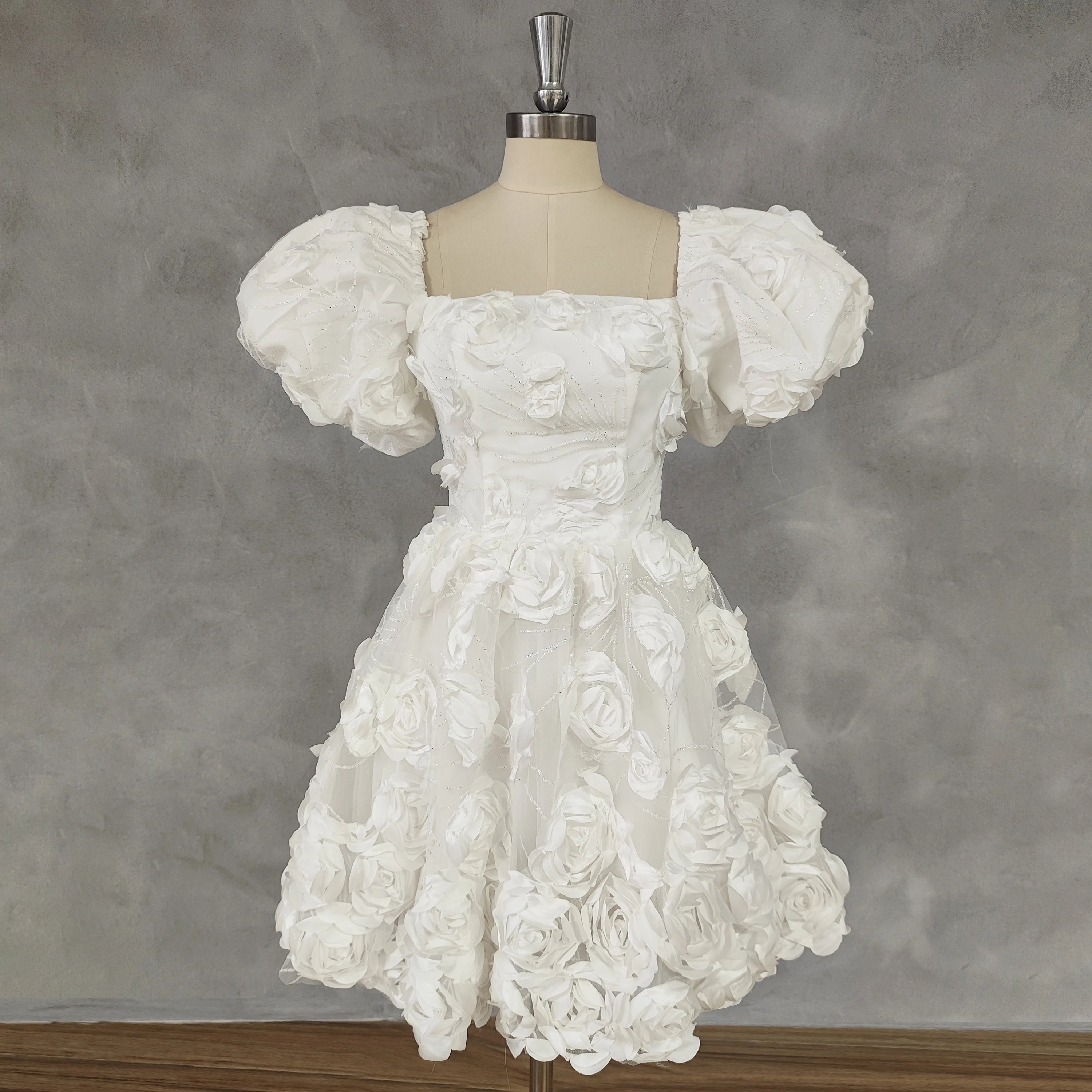 3D Flowers Square Neck Puff Sleeves Short Wedding Party Mini Dress Elegant Vintage Mini Dress