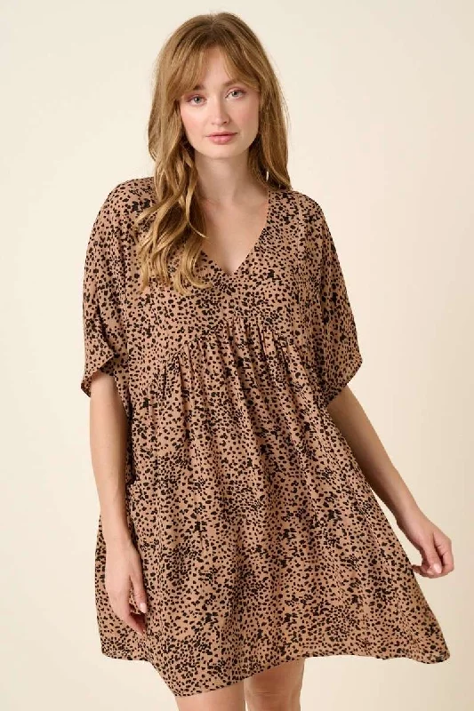 ABSTRACT LEOPARD PRINT BABYDOLL MINI DRESS Elegant Mini Dress with Pleats