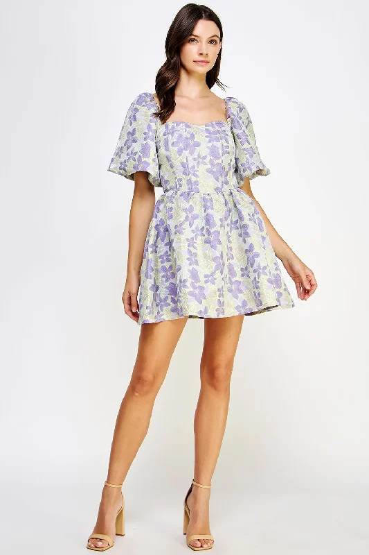 Balloon Sleeve Floral Jacquard Mini Dress Fashionable Mini Dress with Frills