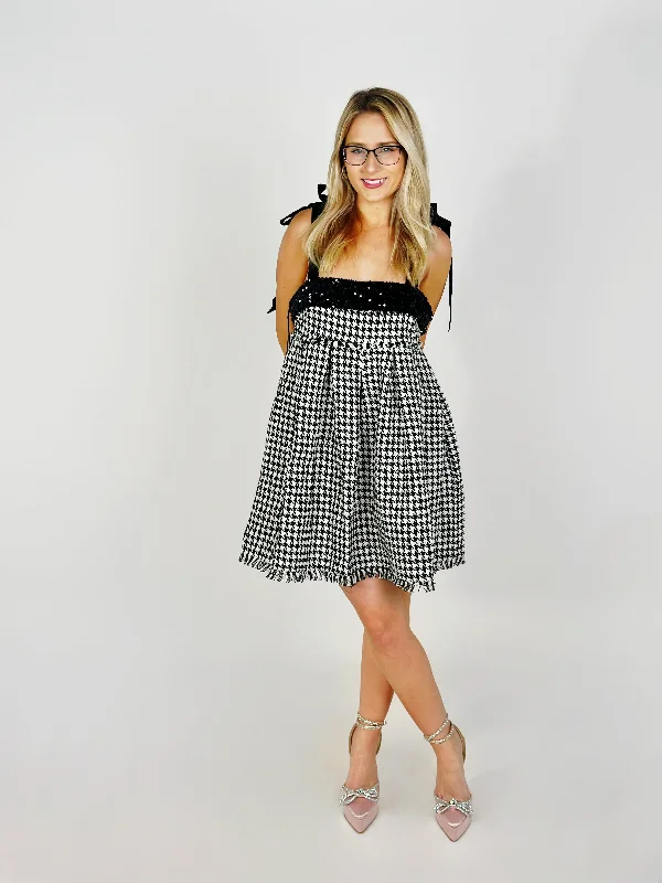 Black Houndstooth Mini Dress Trendy Mesh Mini Dress