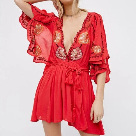 Coral Embroidered Mini Dress Stylish Button-Down Mini Dress