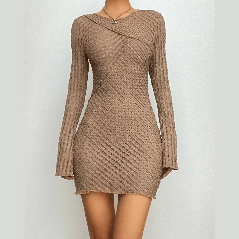 Crewneck long sleeve textured stitch ruffle solid mini dress Elegant Vintage Mini Dress