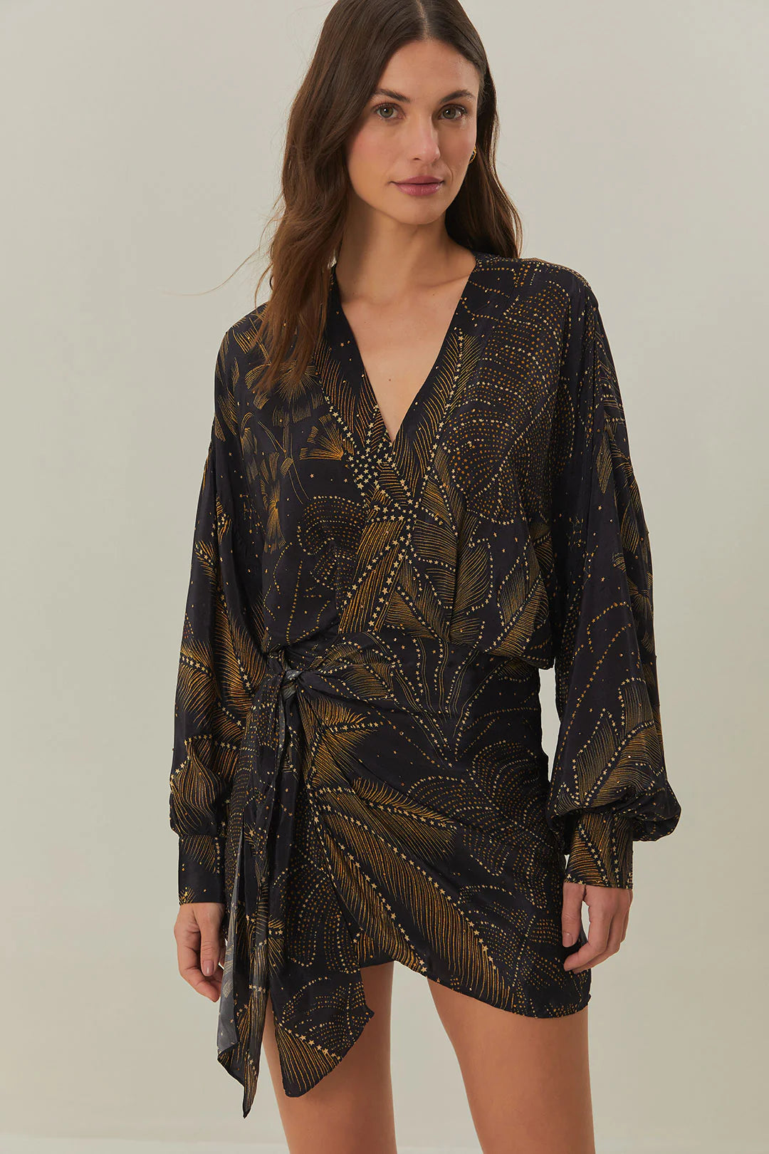 Golden Foliage Black Mini Dress Casual Button-Up Mini Dress