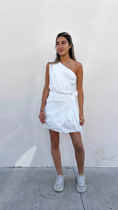 White One Shoulder Wrinkle Mini Dress Casual High-Waist Mini Dress