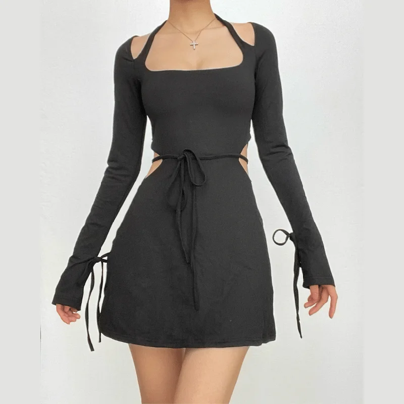 Long flared sleeve halter square neck hollow out cut out mini dress Trendy Camisole Mini Dress