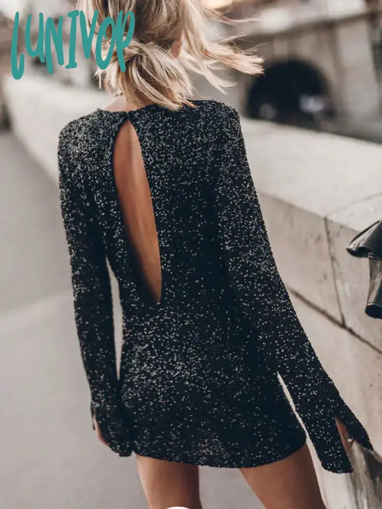 Lunivop Women Elegant Chic Sequin Sparkling Backless Mini Dress Slim O Neck Long Slit Sleeve Vestidos Autumn Female High Streetwear Classic Striped Mini Dress