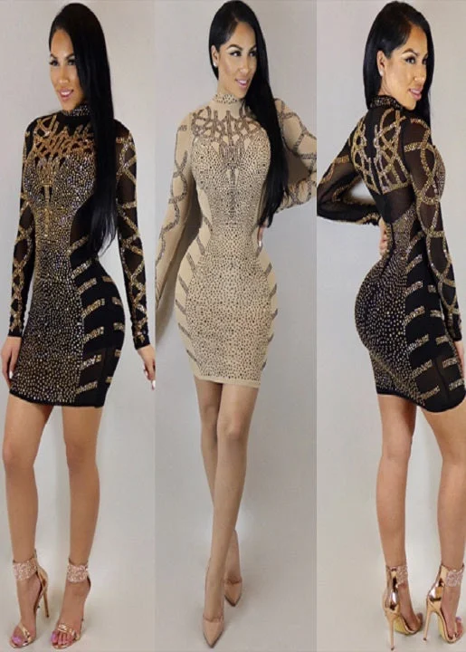 New Rhinestone Diamonds Embellished Slim Turtleneck Long Sleeve Bodycon Mini Dress CODE: KAR1983 Elegant Sequin Mini Dress