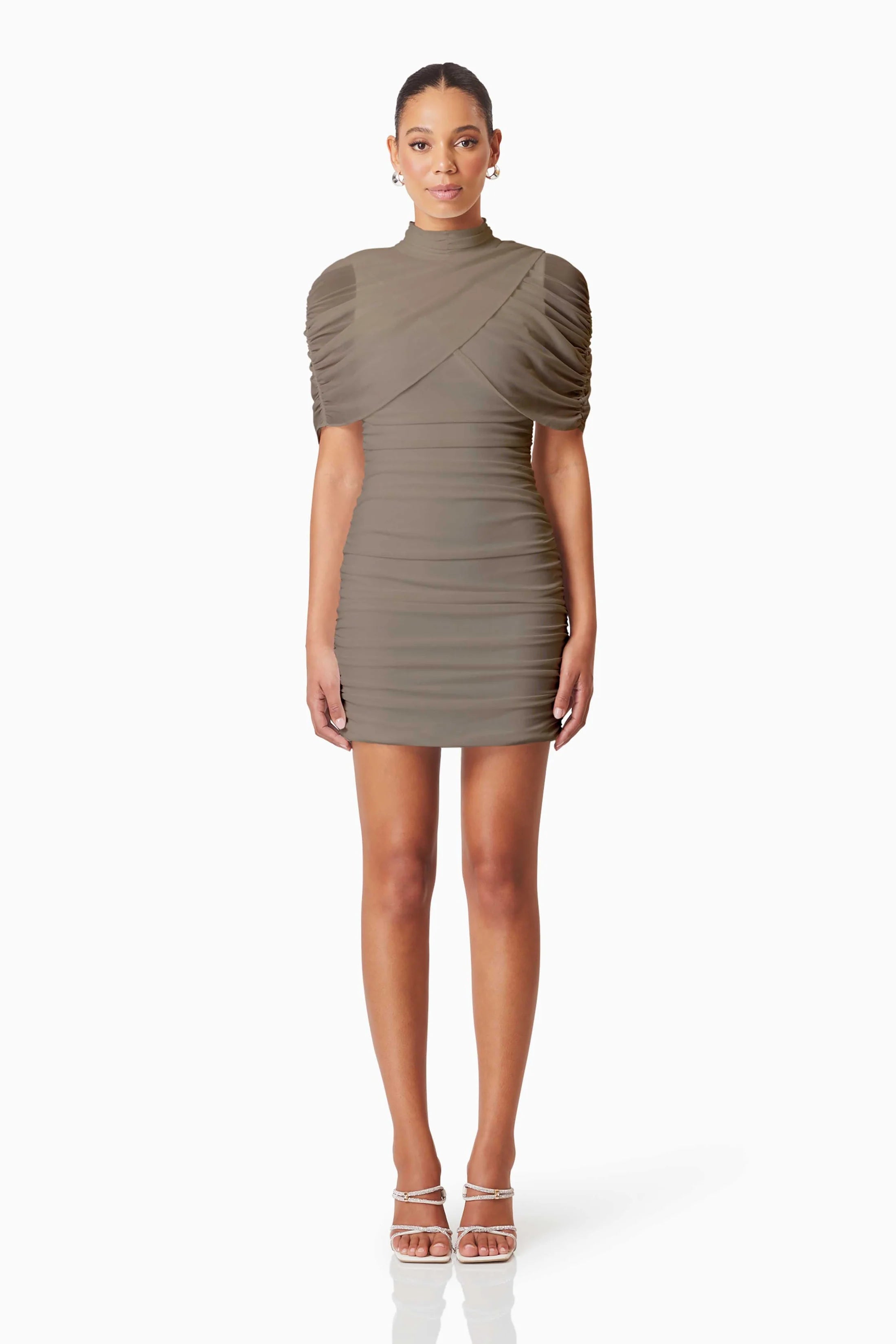 Phoebe Mini Dress - Mushroom Elegant Mini Dress with Pleats