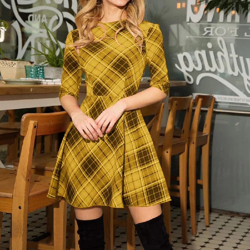 Plaid 3/4 Sleeve Slim Mini Dress Comfortable Fit-and-Flare Mini Dress