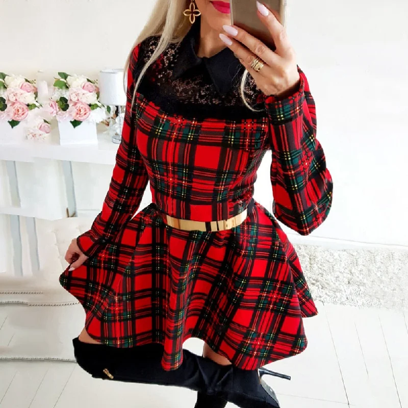 Plaid Lace High Waist Charming Slim Long Sleeve Mini Dress Fashionable Party Mini Dress