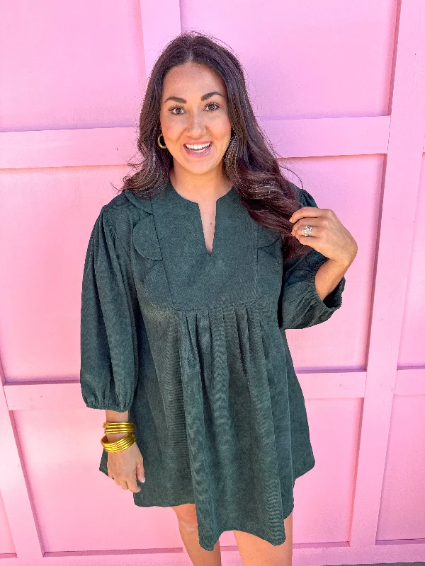 Scallop Chic Mini Dress - Hunter Green Stylish Puff Sleeve Mini Dress