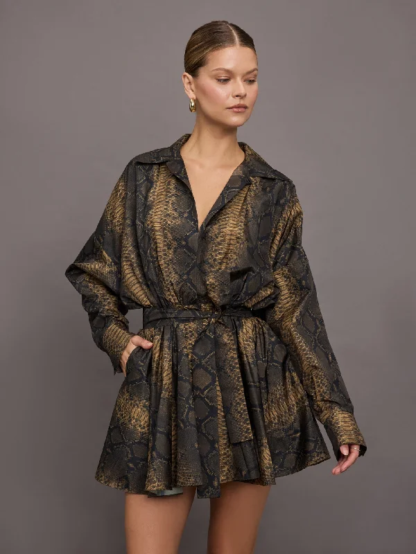 Super Oversized BF NK Shirt Flared Mini Dress - Python Cozy Satin Mini Dress