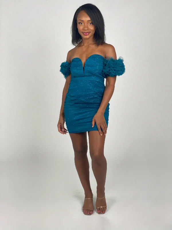 Teal Glittered Mini Dress Fashionable Mini Dress with Frills