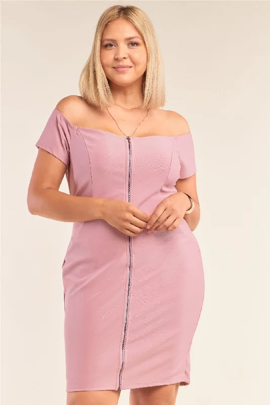 Plus Size Fitted Off-the-shoulder Front Zipper Bodycon Mini Dress Casual Button-Up Mini Dress