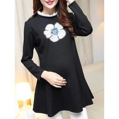 Stylish Ruffled Collar Long Sleeve Floral Print Maternity Mini Dress For Women - Black M Cozy T-Shirt Mini Dress