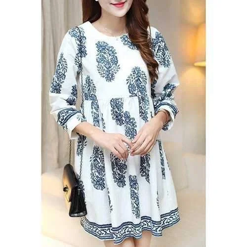 Stylish Scoop Neck Long Puff Sleeve Printed Bowknot Mini Dress For Women - White M Stylish Sweetheart Mini Dress