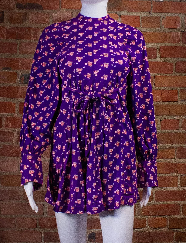 Vintage Tres Petite Flower Print Mini Dress 70s Purple XS Comfortable Fit-and-Flare Mini Dress