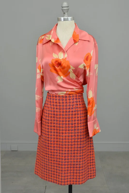 1980s Pink Silk Floral Rose Print Wrap Front Blouse by Ellen Tracy Smart Casual Blouse