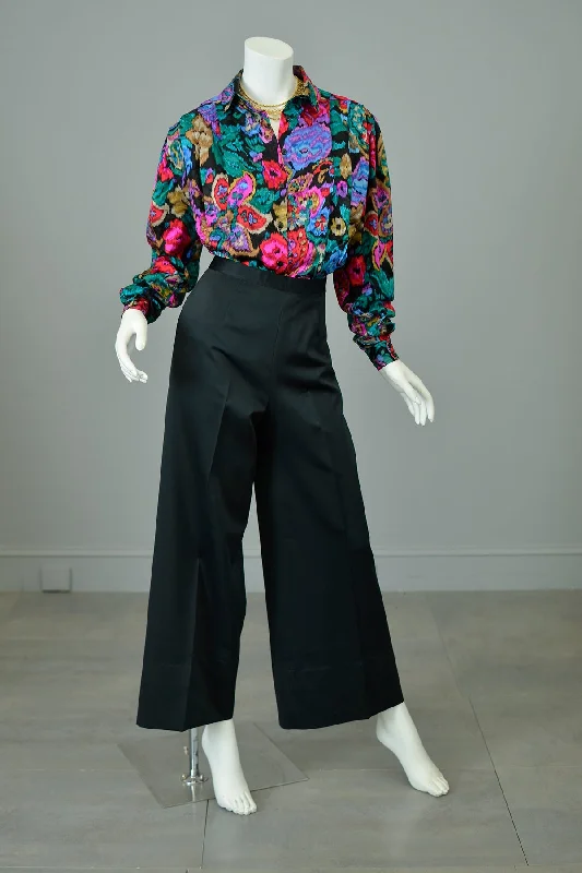 1980s Vibrant Neon Floral Rose Print Silk Blouse with Pleated Shoulders Lightweight Tunic Blouse