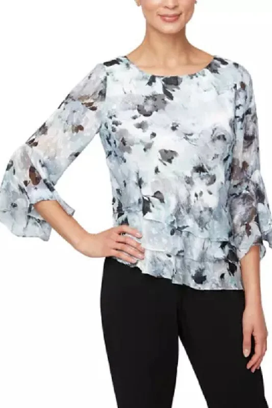 Alex Evenings 3/4 Sleeve Scoop Neck Asymmetrical Hem Floral Printed Blouse Smart Casual Blouse