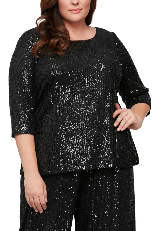 Alex Evenings 3/4 Sleeve Scoop Neck Sequin Tunic Blouse ( Plus Size ) Office-Ready Blouse