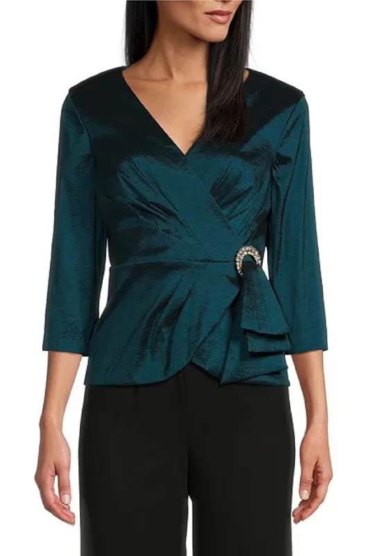 Alex Evenings 3/4 Sleeve Surplice V-Neck Embellished Hip Taffeta Blouse Casual Relaxed Blouse