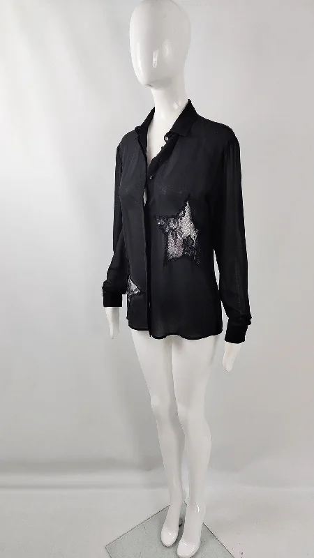 Blumarine Blugirl Vintage Black Sheer Lace Star Cut Out Blouse Sheer Sleeve Blouse