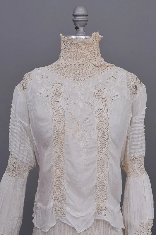 Edwardian Blouse | Crochet High Neck | Embroidered Crochet Bodice | Puff Sleeves Elegant Silk Blouse