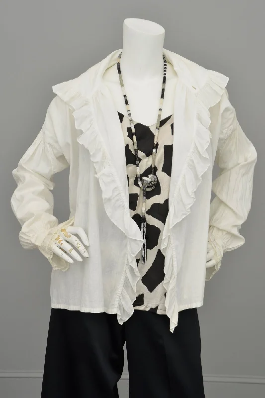 Edwardian White Blouse Smock w Ruffles Puffy Sleeves Stretchy Fitted Blouse