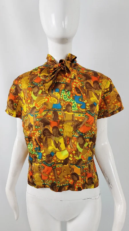 Hardy Amies Vintage Egyptian Print Silky Pussybow Blouse, 1960s Stylish Wrap Blouse