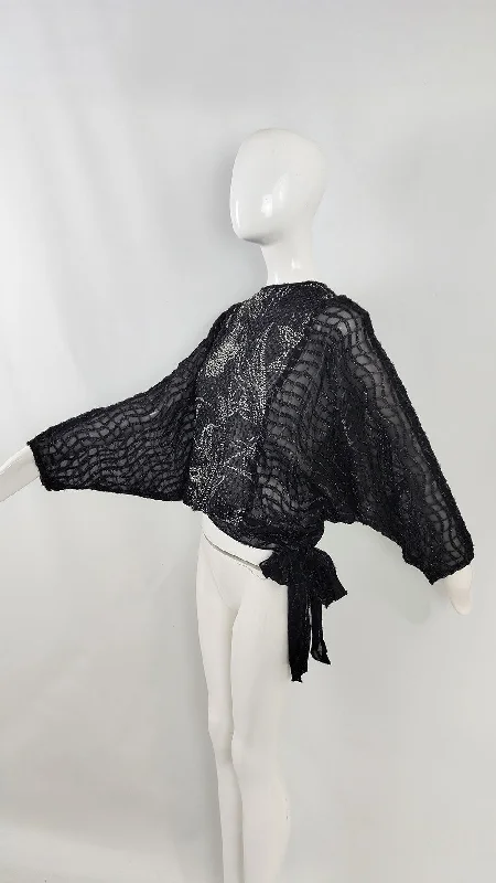 Trudie McCarthy Vintage Sheer Black Batwing Blouse, 1980s Modern Work Blouse