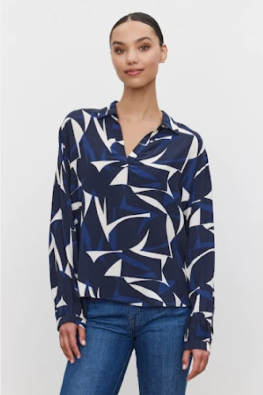 Velvet by Graham & Spencer Carah 06 Printed Blouse | Navy/Ecru Oversized Silk Blouse