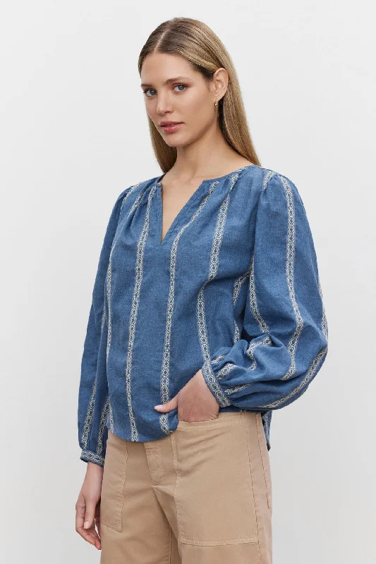 Velvet by Graham & Spencer Raylee 06 Striped Blouse | Blue Embroidered Floral Blouse