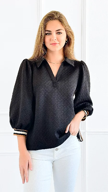 Zip It Charm Textured Blouse-Black Puff Sleeve Blouse