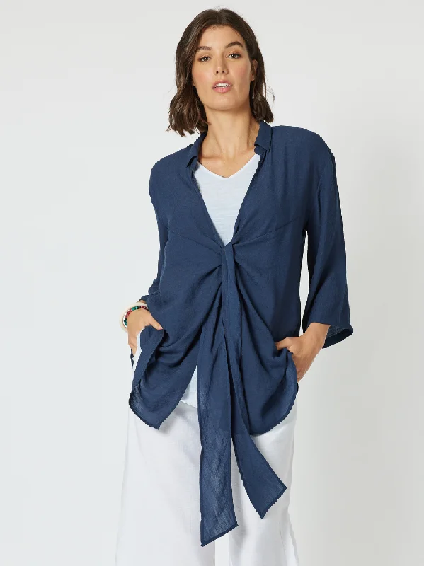 Aegean Tie Front Shacket - Navy Balloon Sleeve Blouse