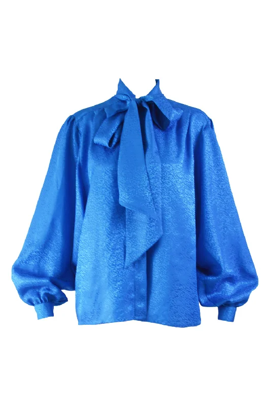 Vintage Balloon Sleeve Blue Pussybow Blouse, 1980s Collared Satin Blouse