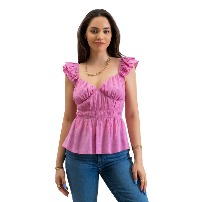 Pink Shirred Sweetheart Ruffle Sleeve Blouse Delicate Pleat Blouse