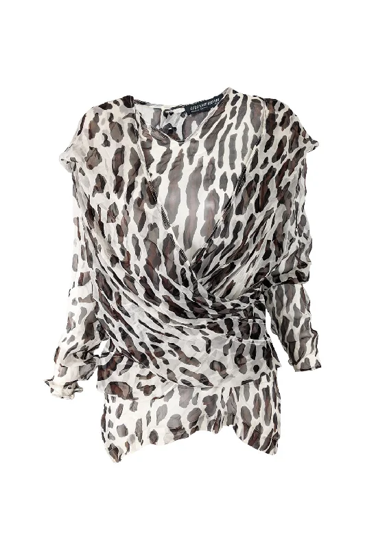 Womens Vintage Draped Silk Chiffon Animal Print Blouse, 1980s Oversized Silk Blouse