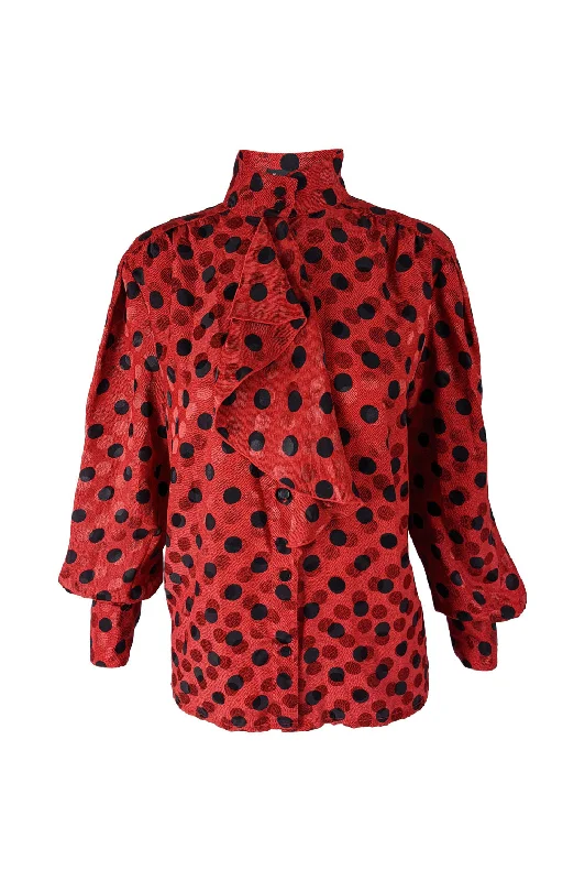 Vintage Red & Black Satin Jacquard Polka Dot Blouse, 1980s Semi-Sheer Blouse