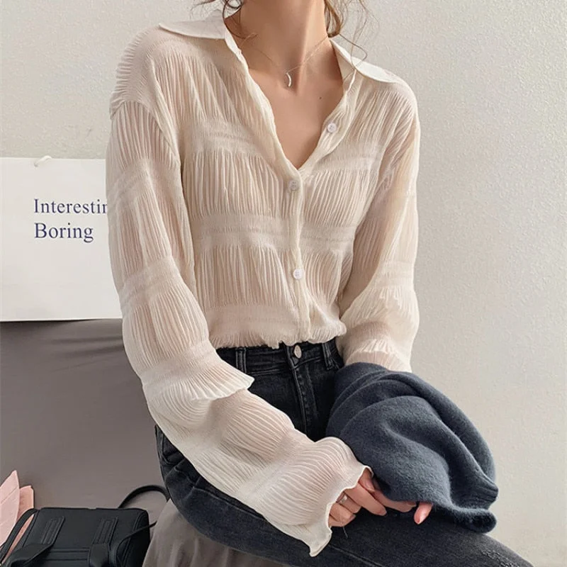 New 2022 Spring Vintage Elegant Women Chiffon Blouses Casual Long Sleeve Blusas Femme Turn-down Collar Solid Shirts Female Tops Modern Work Blouse