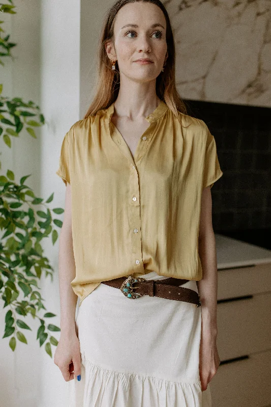 The Imala Short Sleeve Fluid Blouse - Yellow Satin Long Blouse