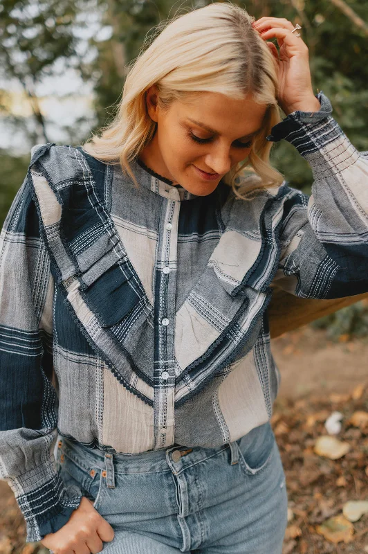 The Lyane Blouse by FRNCH - Blue Check Stretchy Fitted Blouse